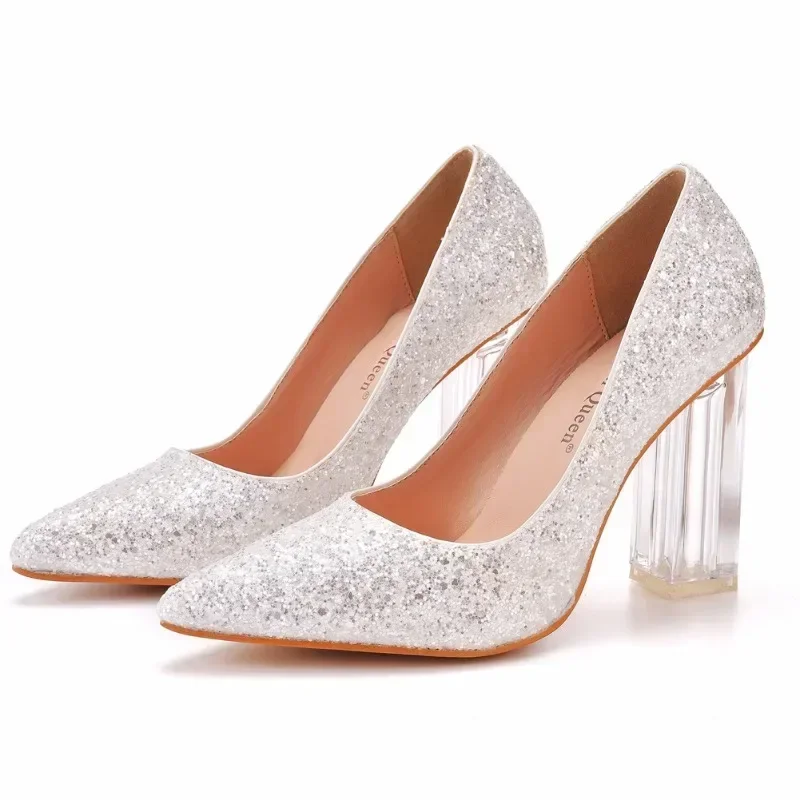 New Luxury Pumps Women Pointed Toe Bling Slip-On Sequined Cloth 9.5CM Square Heel Party Dress Korean Style Women Shoes White