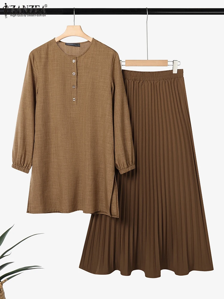 ZANZEA الخريف مسلم قطعتين مجموعات ملابس النساء عادية كم طويل بلوزات طويلة أطقم فساتين عباية دعوى دبي الحجاب رياضية 2025 #2