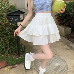 Pleated A-line Skirt White Women Ruffles Sweet Hottie Preppy Style Elastic Elastic Waist Slim Thin SimpleCasual Summer Wholesale