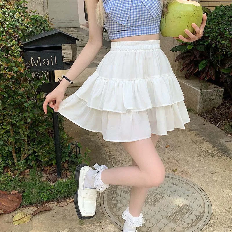여성용 주름 A 라인 스커트, 화이트 러플, 스위트 핫티 프레피 스타일, 탄성 허리, 슬림 슬림, 심플 캐주얼, 여름 도매 