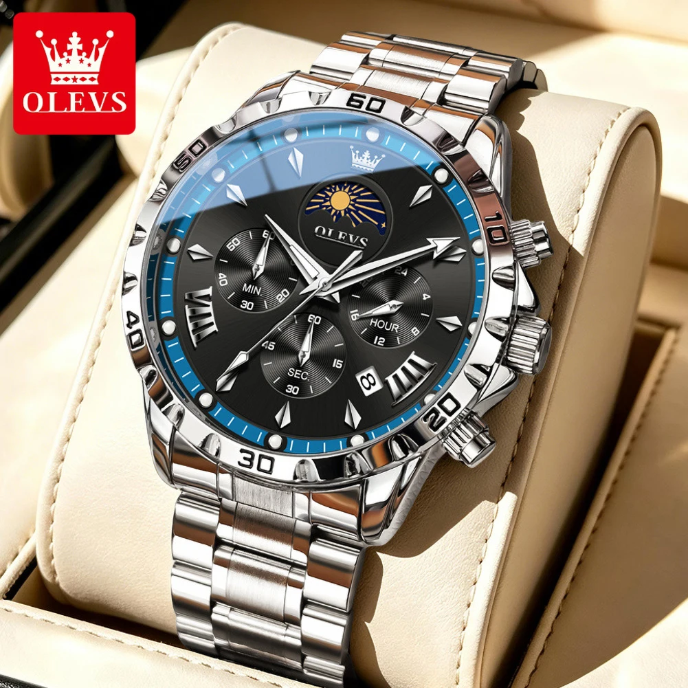 OLEVS 2949 Men New Quartz Movement Watch Circular Scale Dual Display Calendar Window Moon Phase Stainless Steel Luminous Watch