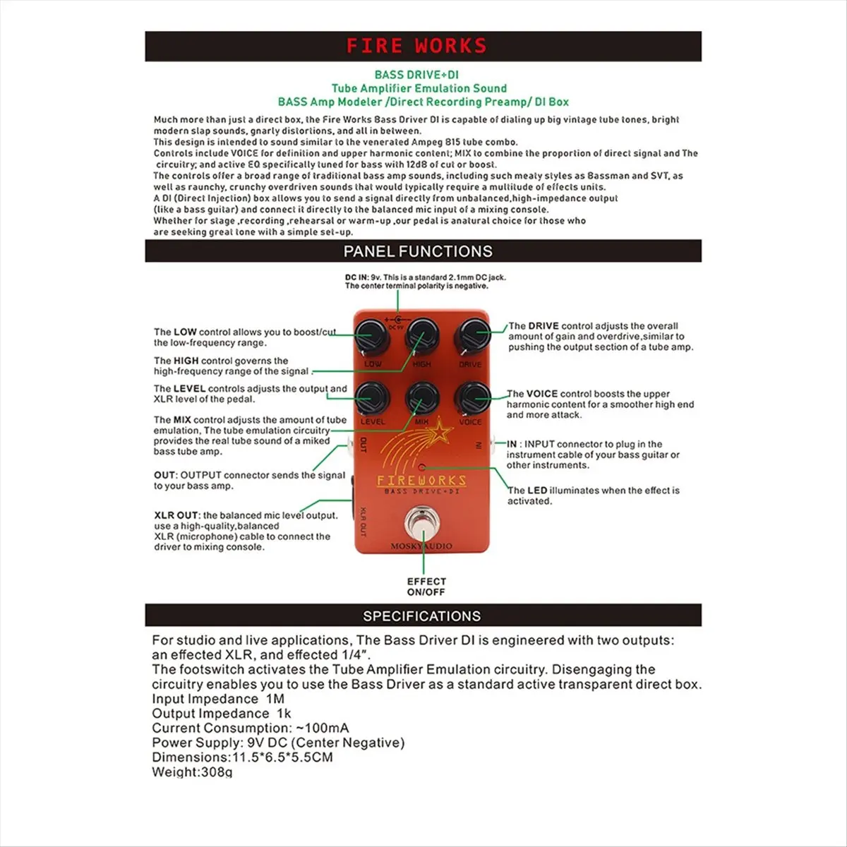 ABJV  FIRE WORKS Drive OverDrive Effect Pedal for Electric ,DI Box Pedal with XLR Interface