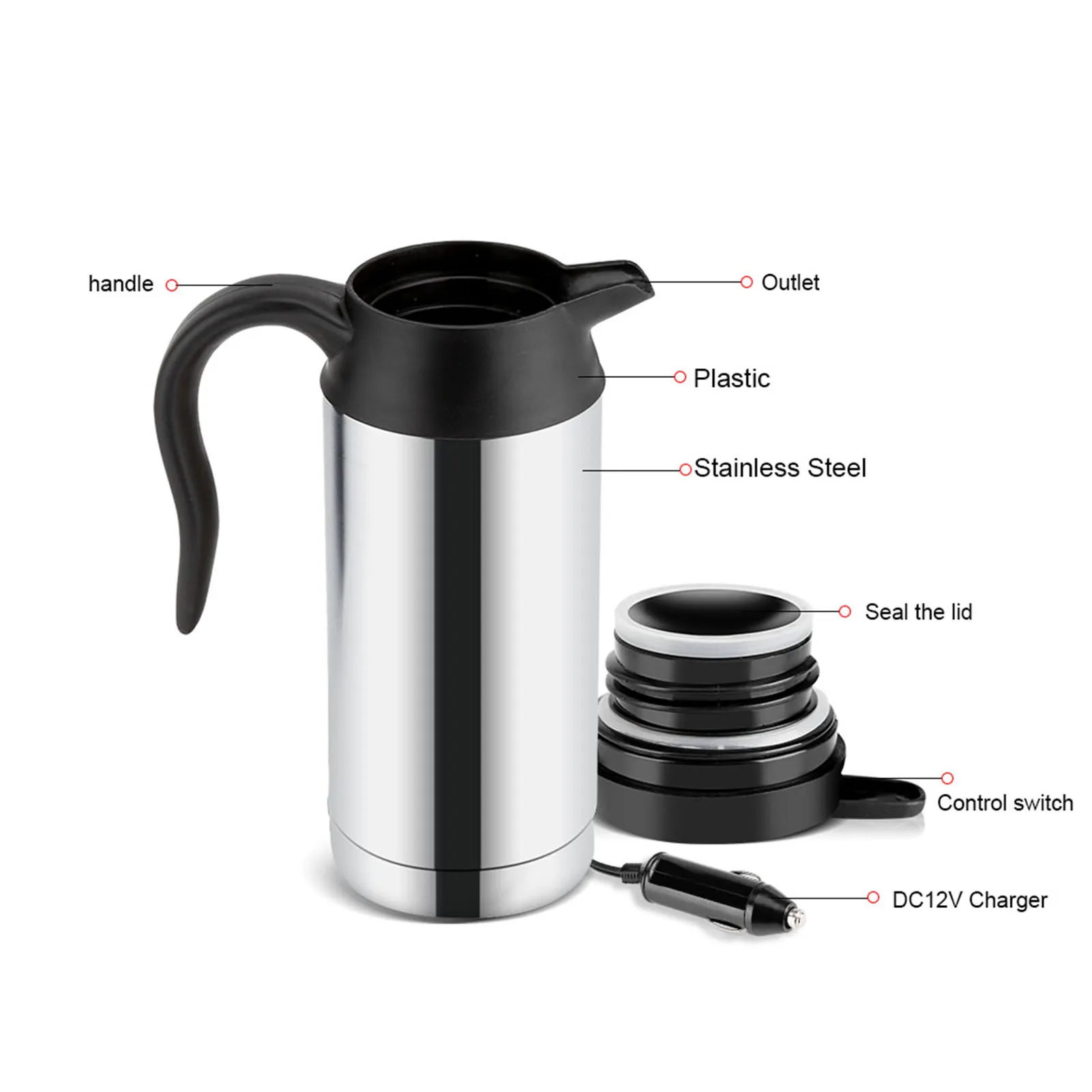 Taza de calentamiento de 750ml, hervidor eléctrico para coche de acero inoxidable, calentador de café de viaje con apagado automático para bebidas calientes, 12V, 750ml