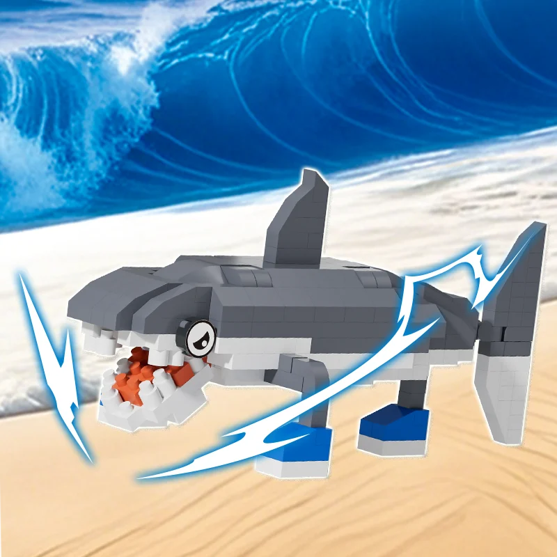 Bouwsteenset met krokodillen-, haai- en houten stokfiguren; Creatieve bouwsteenornamenten; Geschikt voor geschenken en displays