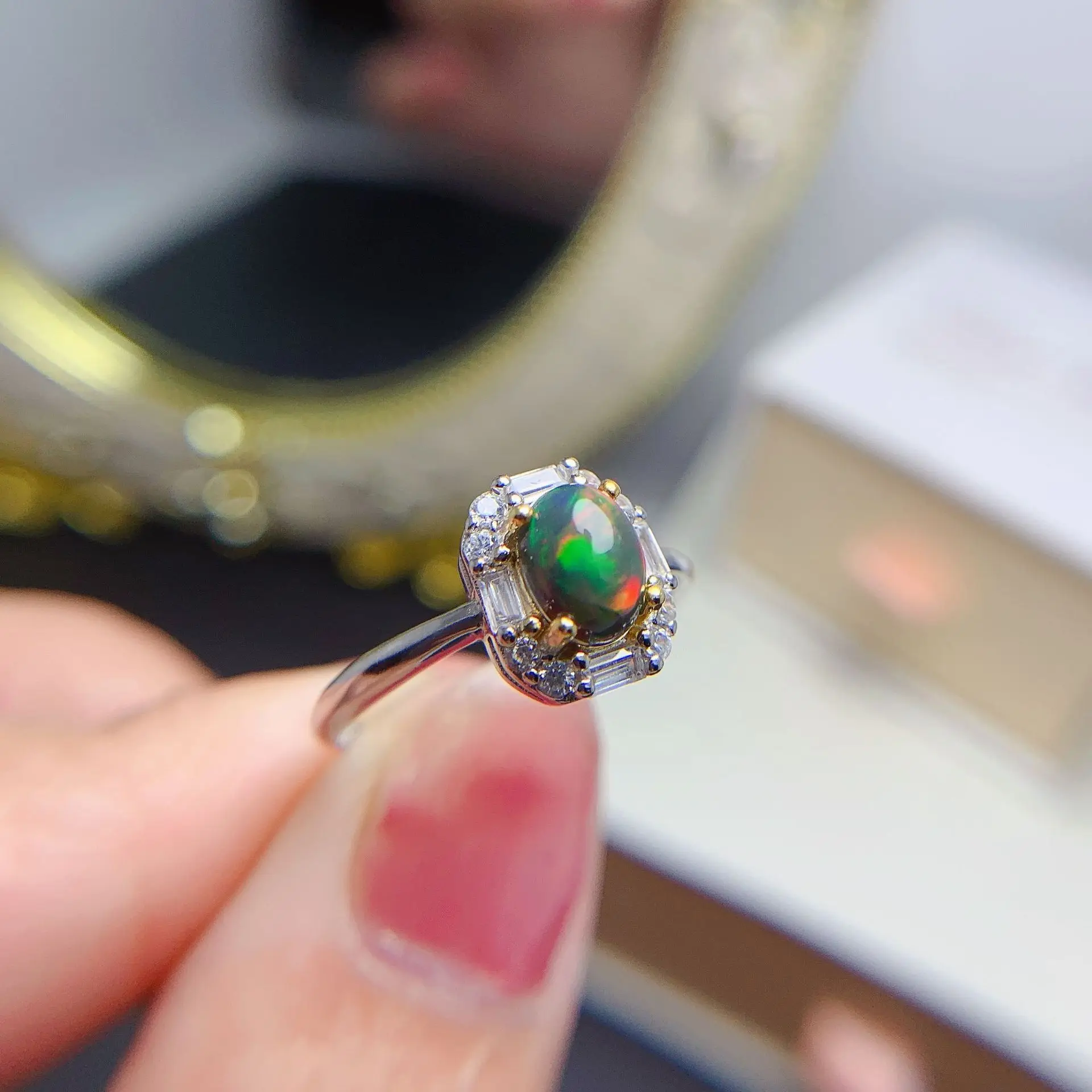 Natural Opal Simple Black Opal Silver Ring 5mm*7mm Africa Black Opal Ring for Daily Wear Solid 925 Silver Jewelry