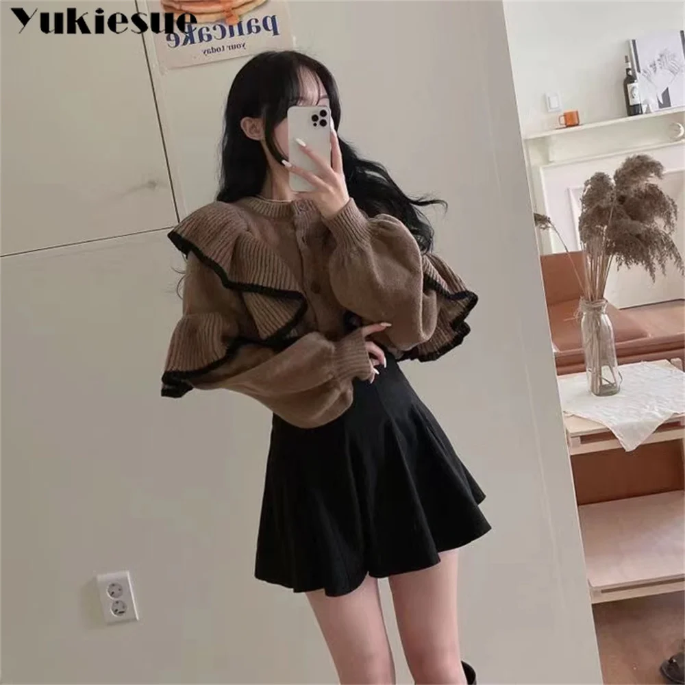 Ruffled Black Knitted Sweater Women Fashion Vintage Lantern Sleeve Female Elegant Cardigan Chic Retro Knitwear Korean Sweet Coat