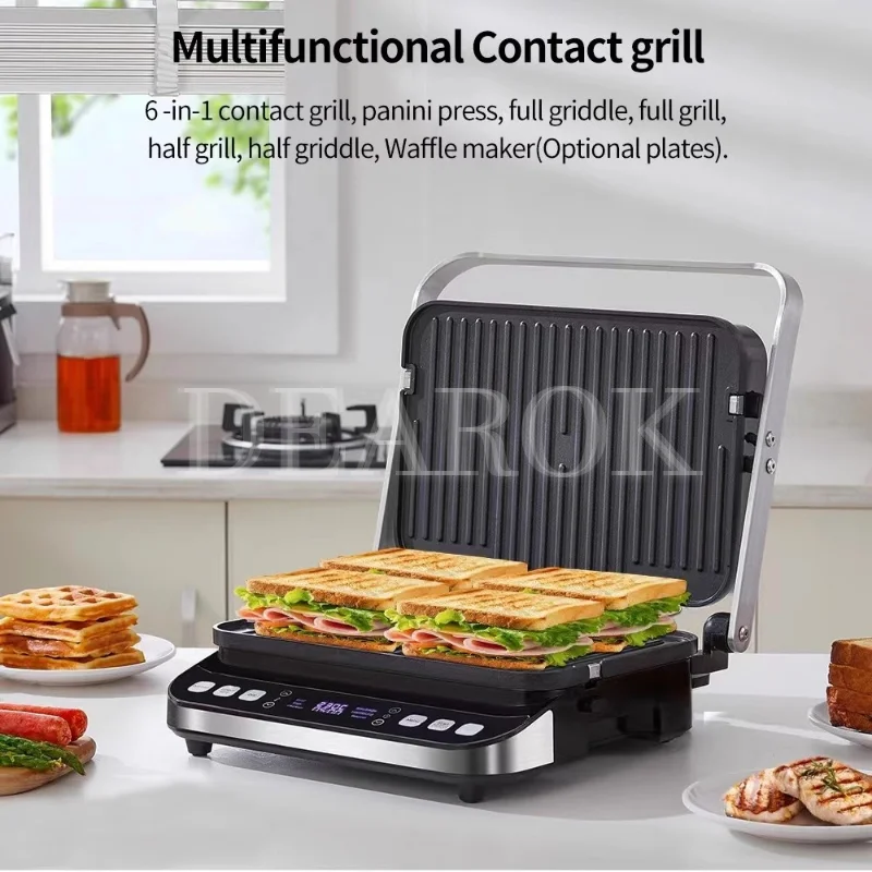 Electric Cooker Electric 2000W Contact Grill Digital Griddle and Panini Press, Optional Waffle Maker Plates, Opens 180 Degree