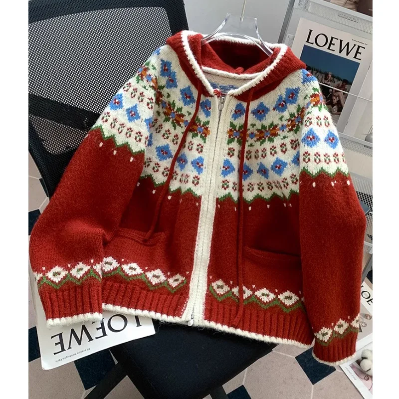 Women Cardigan Sweaters Coats Hooded Zipper Full Sleeve Jumpers Y2k Streetwear Elegant Splice Knit Open Stith Autumn Winter