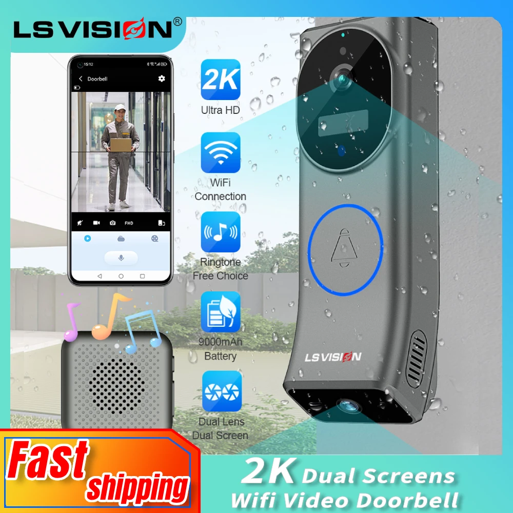 LS VISION 4MP Outdoor Wireless Doorbell Dual Screen Dual Lens Intercom PIR Motion Detect Battery WiFi Video Doorbell with Chime