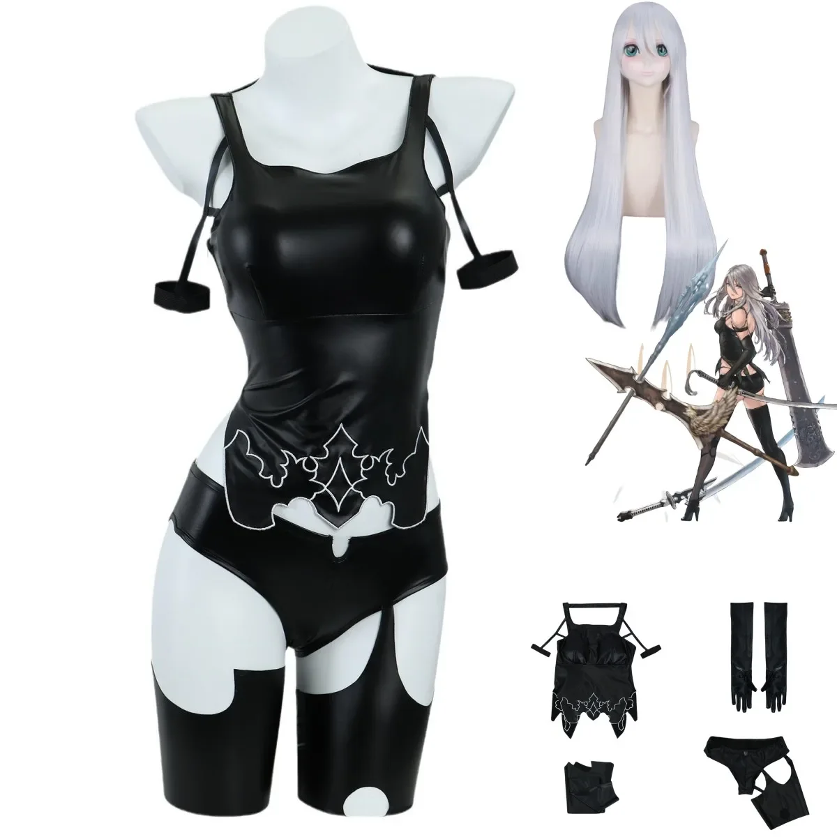 Anime Game NieR:Automata YoRHa Type A No.2 Cosplay Costume A2 Wig Black PU Tops Shorts Woman Sexy Carnival Halloween Party Suit