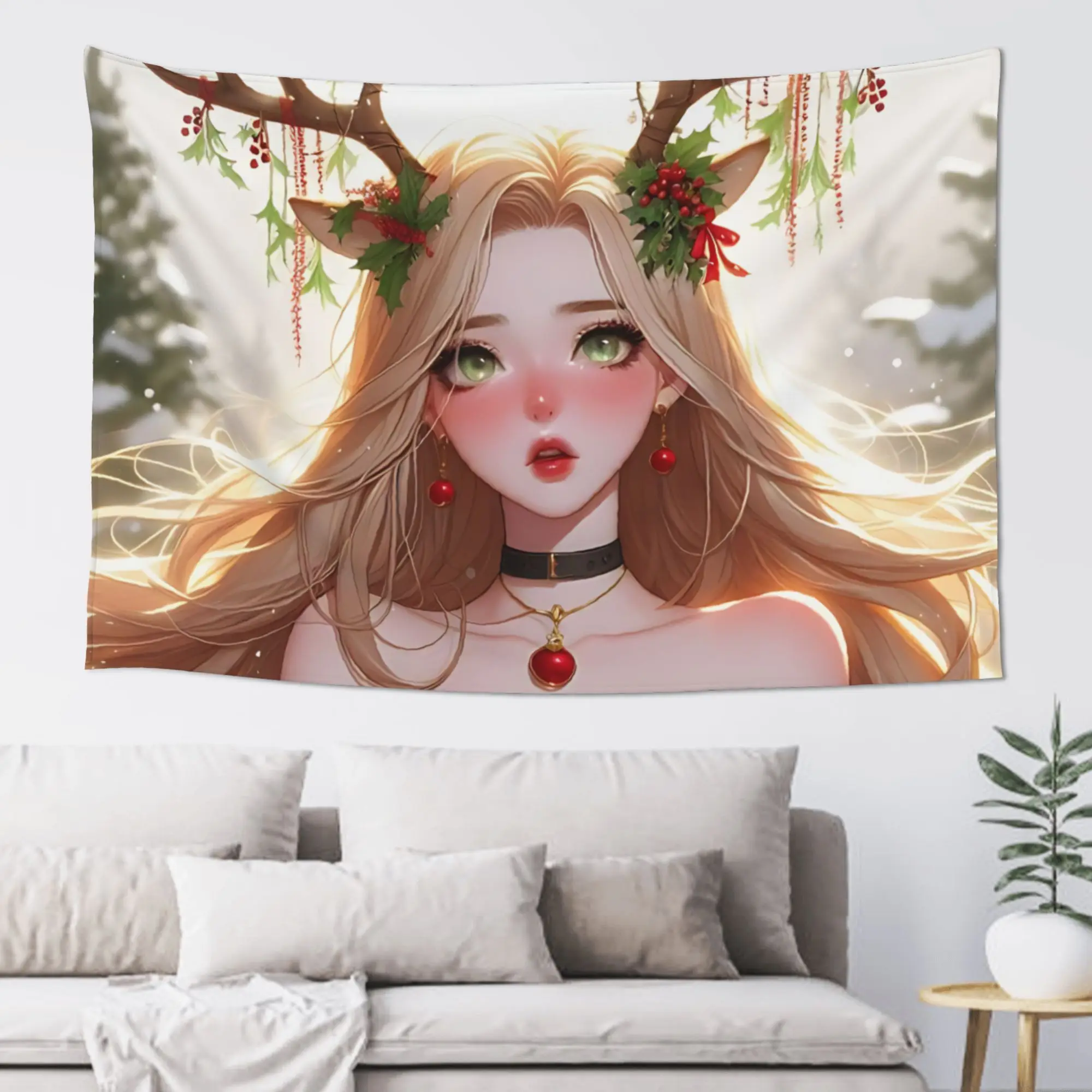 Fur Coat Anime Christmas Girl Print Customized Tapestry Bedroom Decoration  Wall Hanging Blanket Tapestry Cool Stuff For Room