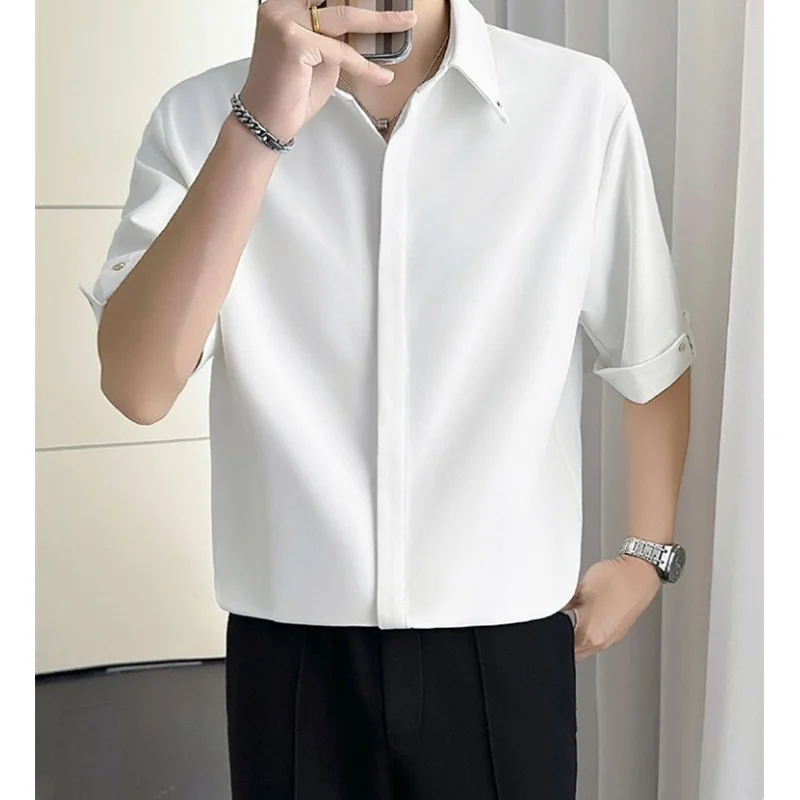 

High-end Men Business Shirt 2025 Summer Harajuku Ice Silk Short Sleeve Tops Concealed Button Men Clothing D0300