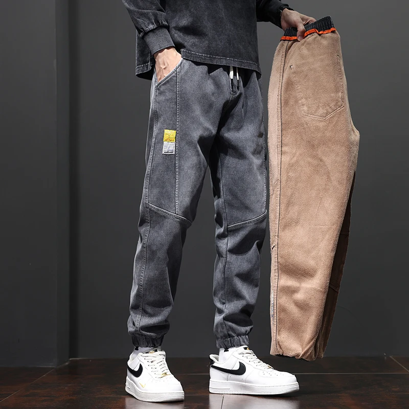 Winter Casual Splicing Jeans Men\'s Fashion Fleece Warm Plush Outdoor Sweatpants Male Elastic Waist Denim Trousers