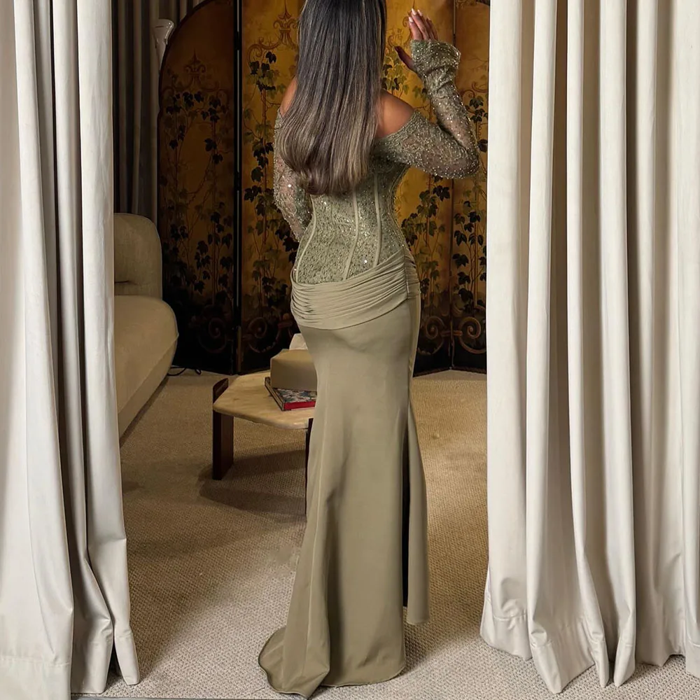 Gaun Malam Putri Duyung Kustom Model Panjang Menyentuh Lantai, Off Shoulder, Lengan Panjang, Gaun Prom, Gaun Pesta Berpayet Lipit dan Draped