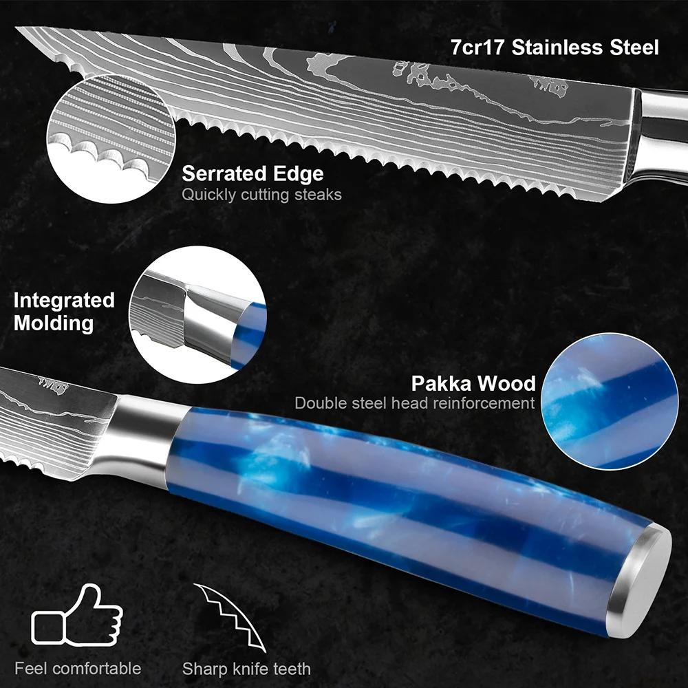 Steak Knife Set Blue Resin Handle Laser Damascus Pattern Sharp Serrated Cut Meat Fruit Knife Kitchen Restaurant Steak Knives