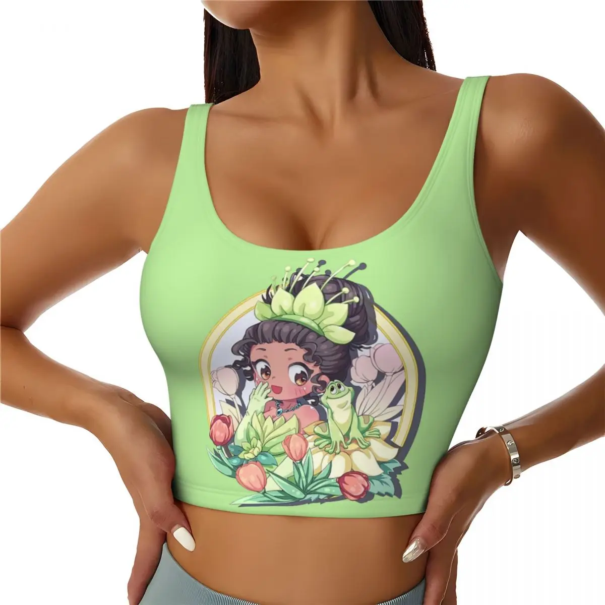 Custom High Impact Princess Tiana And The Frog Hawaiian Cute Sports Bra Women's Gym Workout Yoga Crop Top