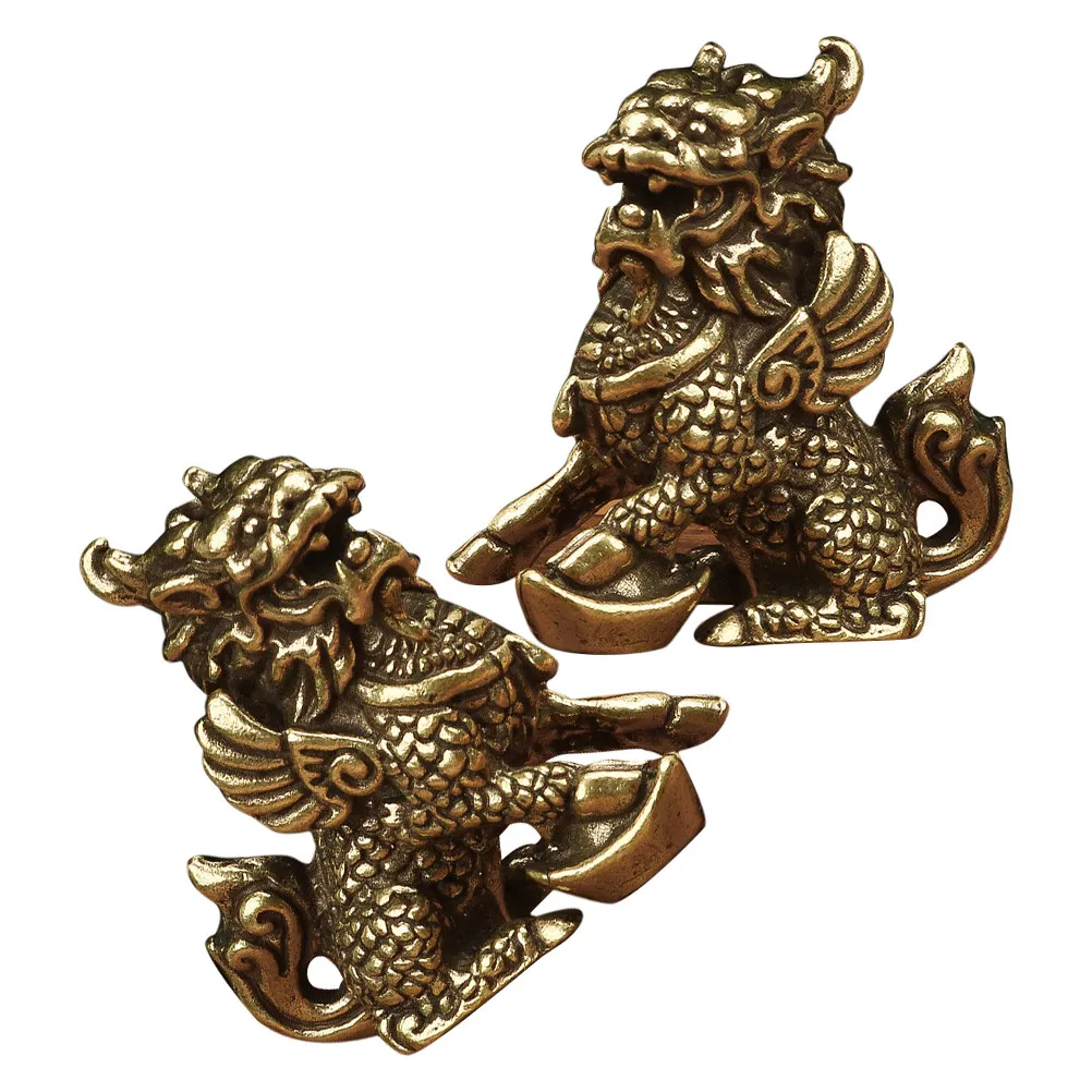 1Pair Vintage Brass Kylin Statues Small Desktop Decor Unique Creative Brass Animal Ornaments Home Garden Luck Decoration