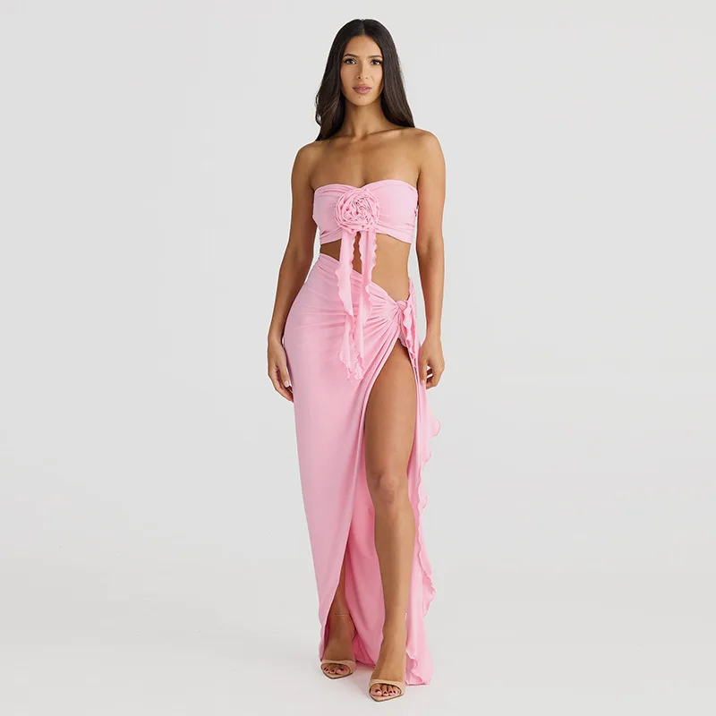 Robe de Rhrose élégante pour femmes, haut 2 pièces, soutien-gorge et jupe longue, sexy, fibre 3D, fleur, fente latérale, fille chaude, robe décontractée, été