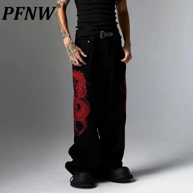 PFNW Dark Style Men's Jeans Dragon Embroidery Contrast Color Trousers Straight Leg Loose Male Denim Pants New Chic 2025 12C458