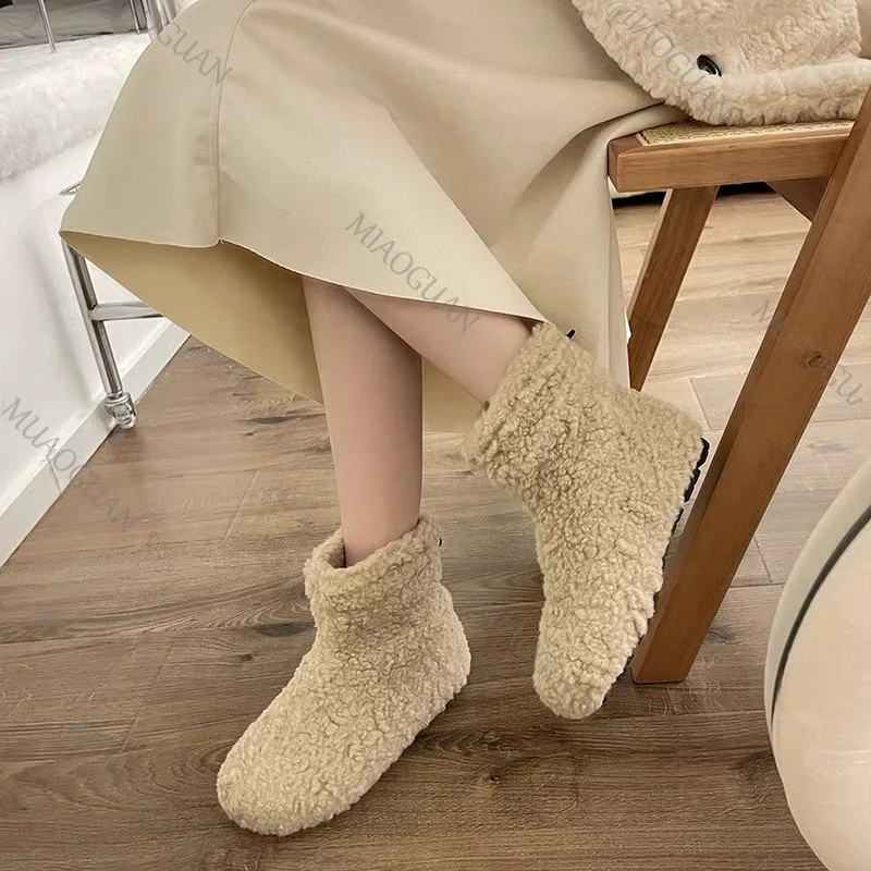 Winter New Furry Snow Boots Women's Padded Thickened Warm Cotton Shoes Casual Homewear Flat Bottom Fur Women Short Botines Mujer