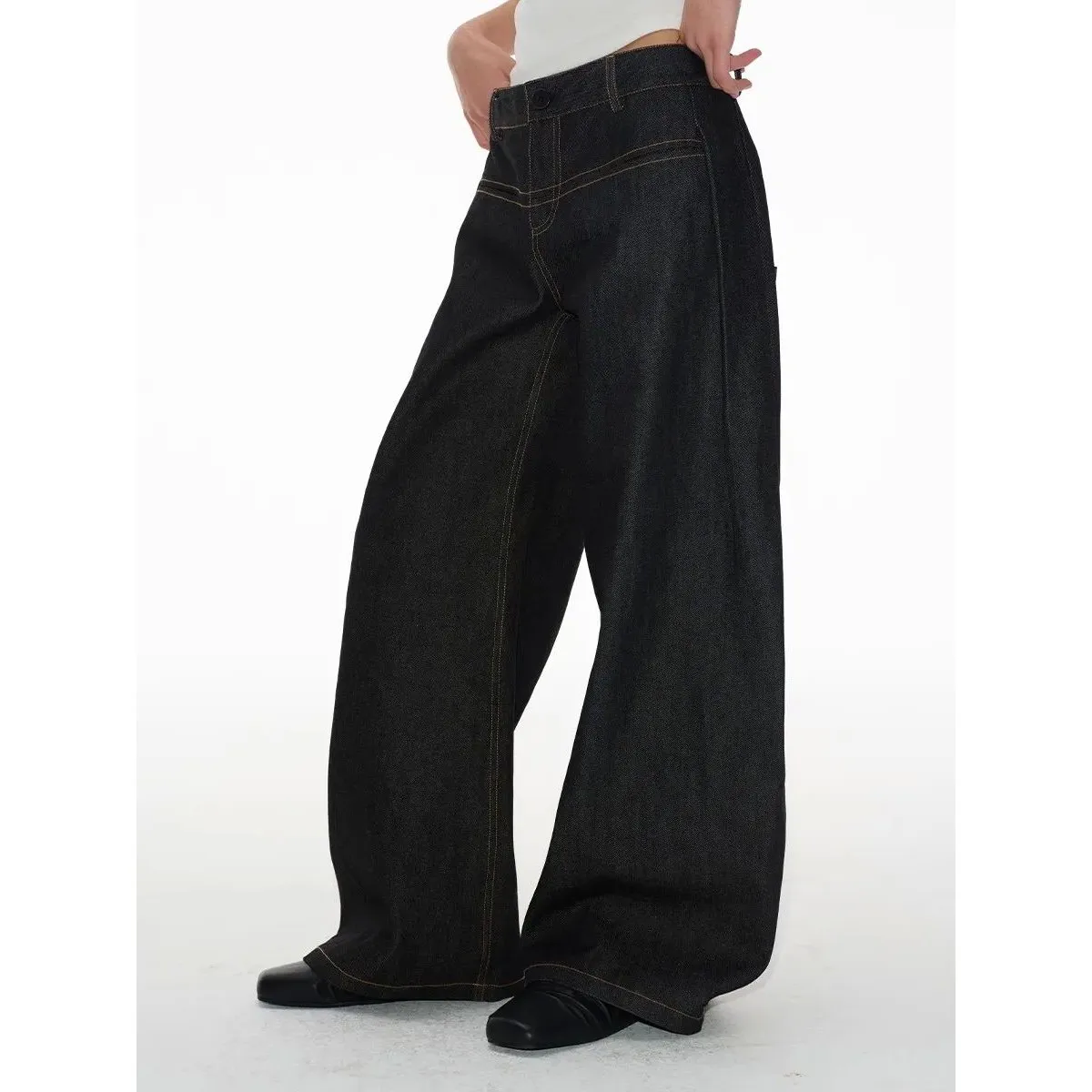 Calças Jeans Vintage Baggy de Cintura Baixa Y2K para Mulheres, Corte Reto Oversized, PVC, Estilo Casual