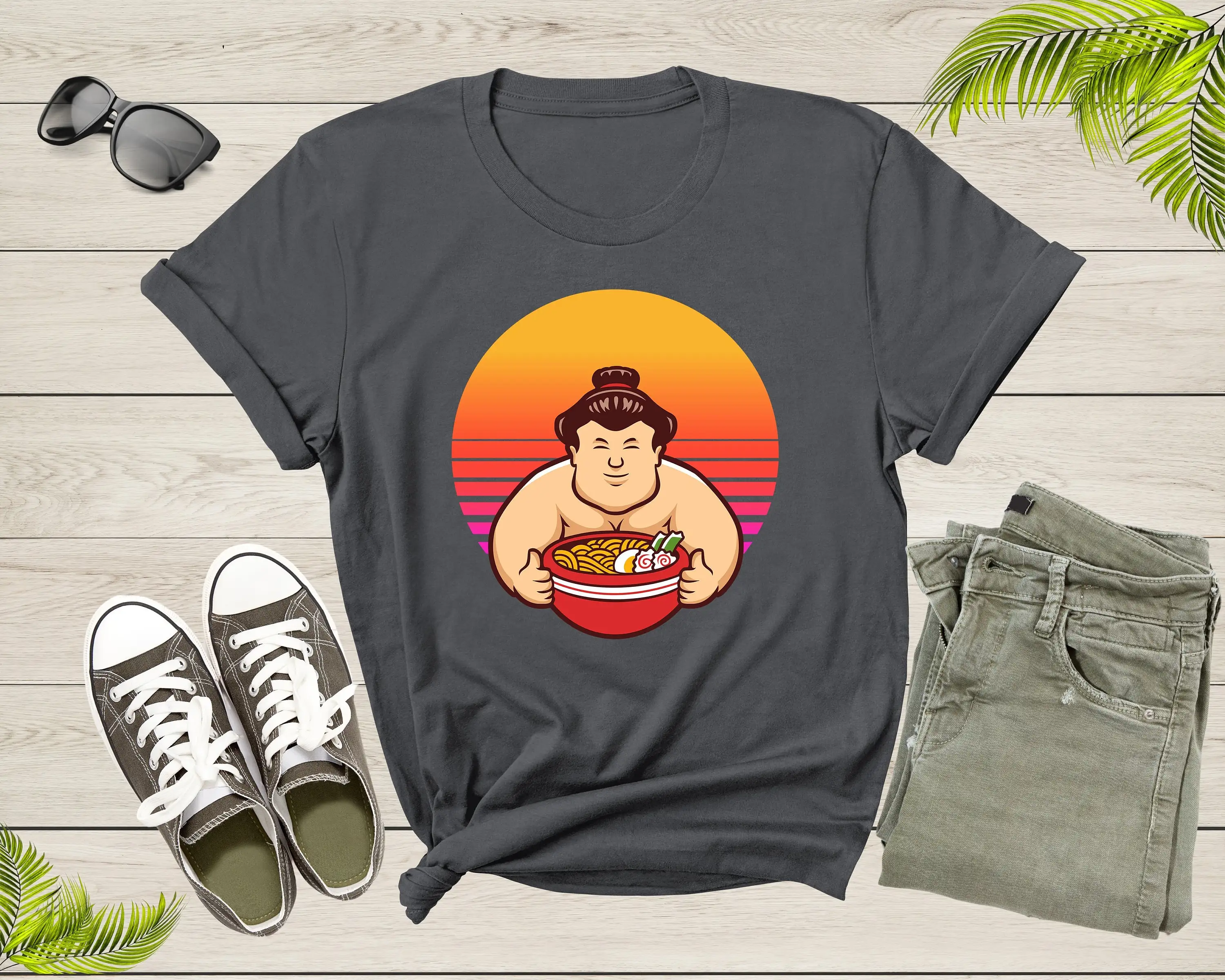 Sumo Sports Character Mascot Eating Japanese Ramen Noodle T Shirt Wrestler Lover For Kids Boys Girls