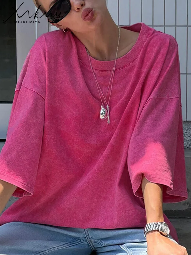 

MiuKoMiYa Oversized Washed T Shirt Women Summer Cotton Top Tees Rose Red Distressed Loose Tops For Summer 2024 T-shirt Oversize