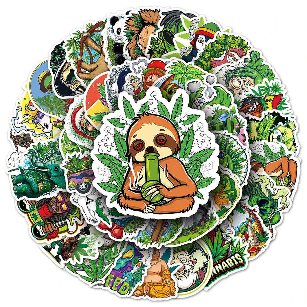 10/30/50/100PCS Funny Hemp Leaf Stickers Weed Smoking Cartoon Graffiti Waterproof Suitcase Luggage Guitar Skateboard Decals Toy