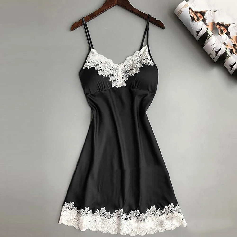 Nightgown Women Gown Sleepdress Sexy Lace Nighty Robe Spaghetti Strap Sleepwear Summer Silk Satin Nightdress Loungewear