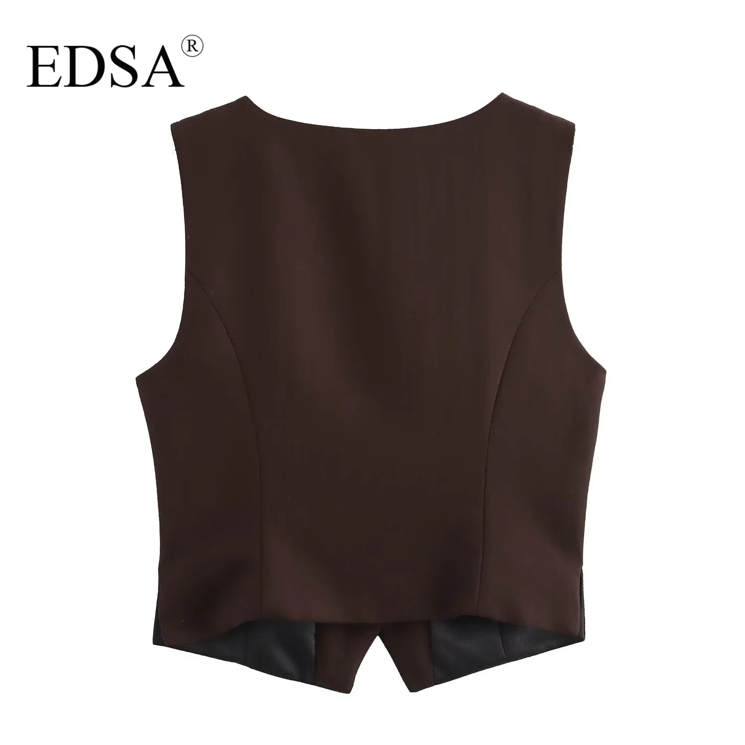 EDSA Women Brown Waistcoat with Side Vents Single Breasted Sleeveless V-neck Vest for Female Top