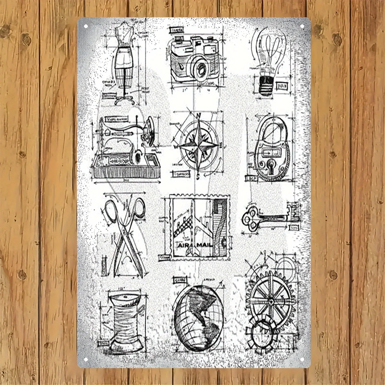 2D Flat Retro Industrial Blueprint Metal Sign - 12x8 Inch Durable Iron Wall Decor for Office Garage Home Steampunk Gift