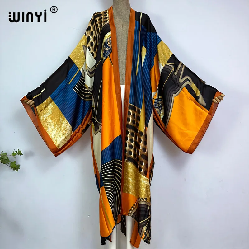 WINYI kimono Africa summer Retro print Bikini Cover-up Elegant fashion Cardigan sexy Holiday long Sleeve silk feeling maxi dress