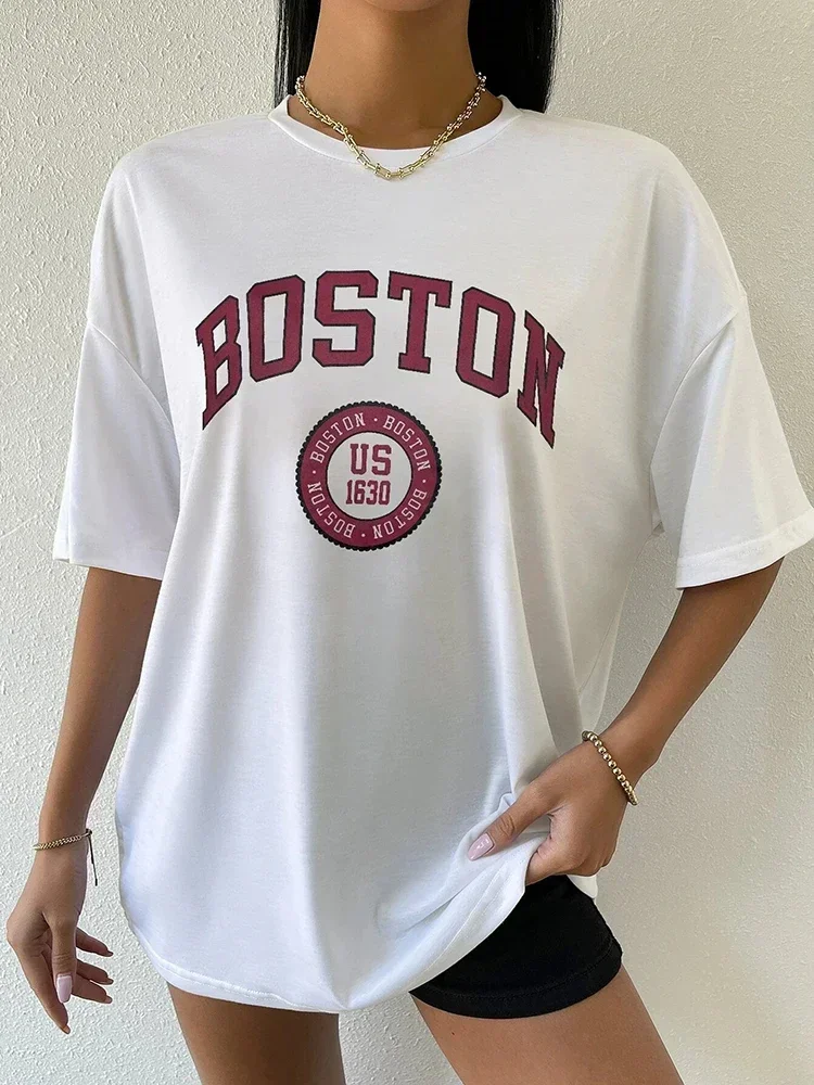 Boston USA City Printed Womans Short Sleeve Simple Casual Clothes Vintage Hip Hop Streetwear Oversize Comfortable Female T-Shirt