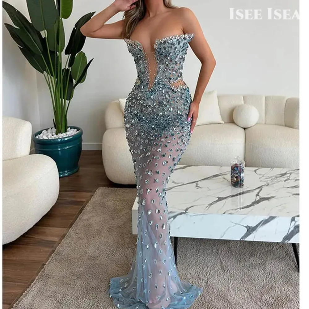 

Blue Sparkling Crystal Evening Dresses Woman Sexy Strapless Prom Gown robe de soirée Mermaid Wedding Guest Dress Customized