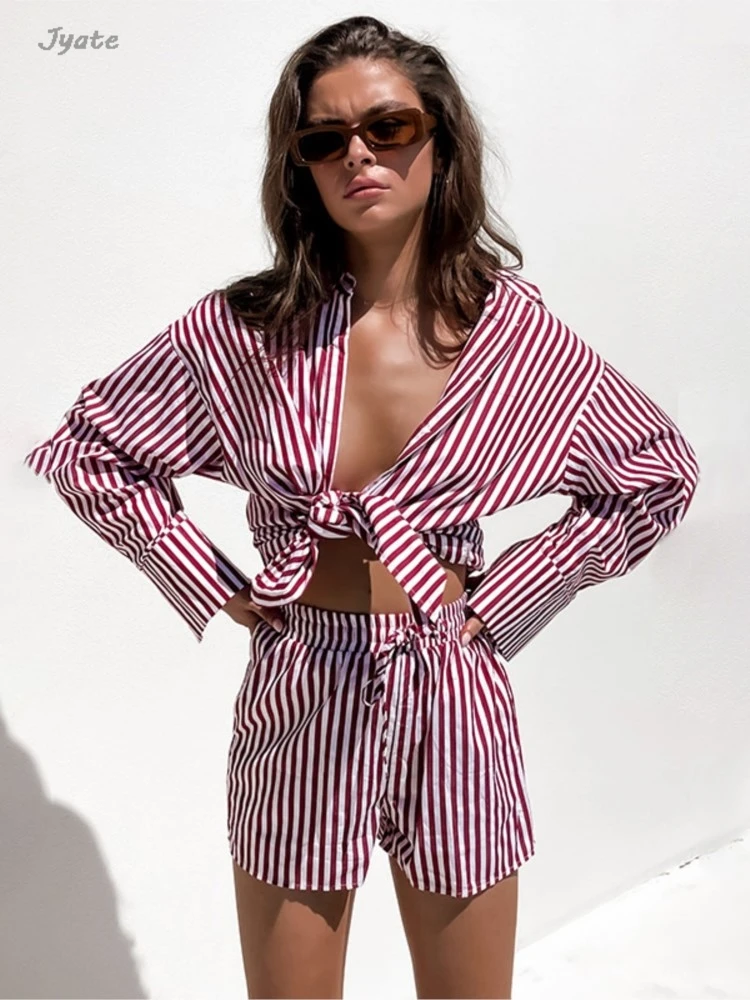 

Loose Shirts Trouser Vacation Fashion Two Piece Set Long Sleeve Stripe Casaul Blouse Women + Elastic Waist Shorts Sets 2024 New