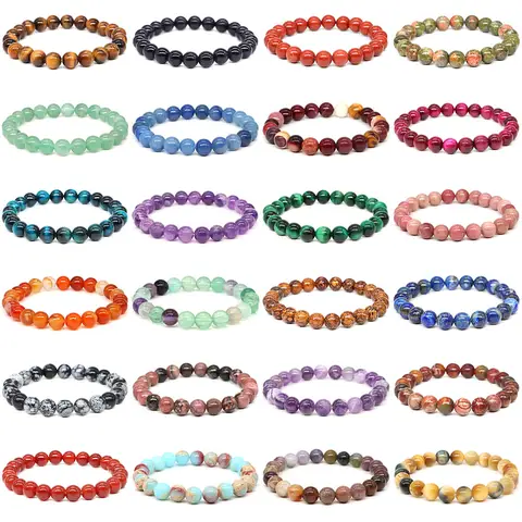 Natural Stone Bracelet Healing Crystal Amethyst Quartz Agate Round Loose Bead Elastic Stretch Bangle For Women Men Jewelry Gifts