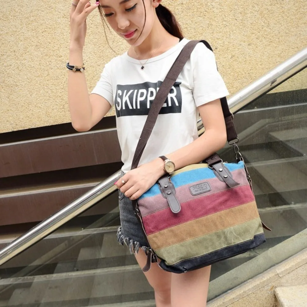 Simple Canvas Patchwork Rainbow Shoulder Bag Tote Portable Colorful Striped Handbag Shopping Streetwear Crossbody Bag Woman