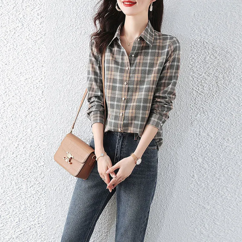 Women\'s Clothing Fashion Plaid Shirt 2023 Spring Autumn Streetwear Long Sleeve Turn-down Collar All-match Loose Casual Blouse