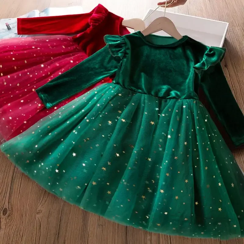 2024 Red Christmas Dress for Baby Girls Winter Long Sleeve Mesh Dresses for 3-8Yrs Kid Star Sequin Birthday Party Princess Dress