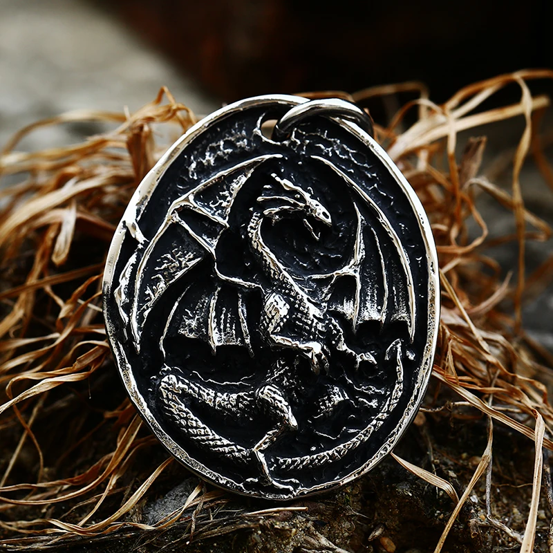 BEIER 2022 New Arrival 316L Stainless Steel Retro Dragon Pendant Round Medal Necklace Personality Necklace Animal Viking Jewelry