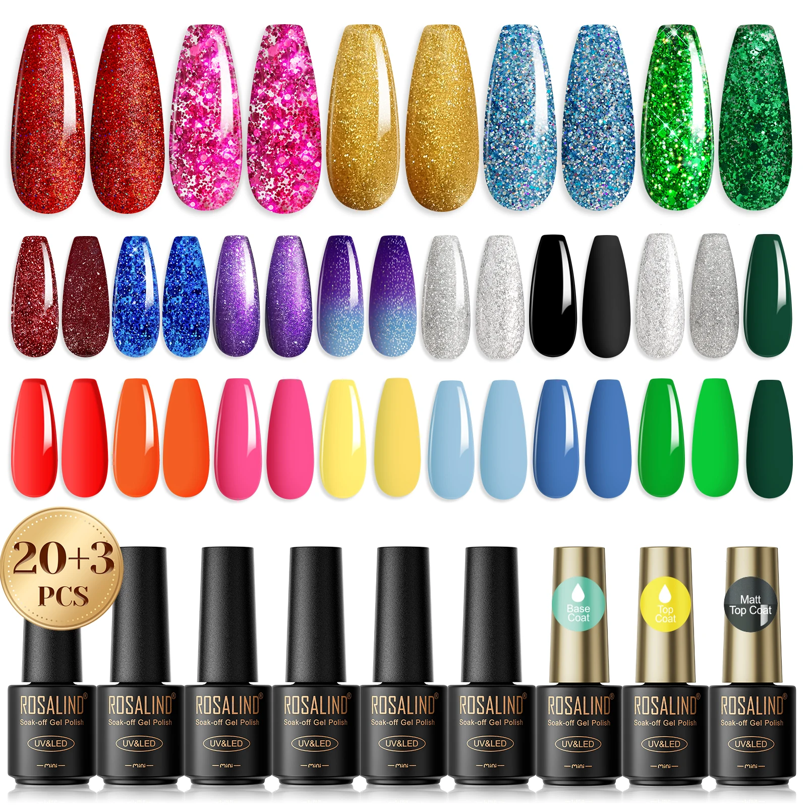 ROSALIND Glitzer-Nagellack-Set, 32/38/48 Stück, UV-Gel für Nagelkunst, Maniküre, Soak Off Gel-Nagellack-Set, Gel-Basis und Decklack