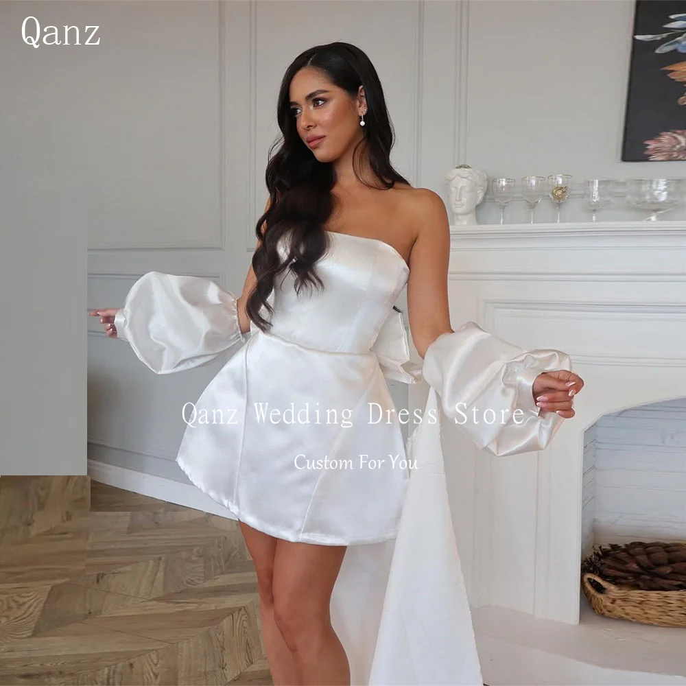 

Qanz Elegant 2 Pieces White Satin Wedding Dress Back Bow with Shawl Short Bridal Gowns Lace Up Back Robes De Soirée Customized