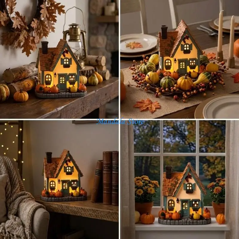 U2JC Fall Pumpkin Cottage Table Decors Resin Mini Village House Statue with LED Light