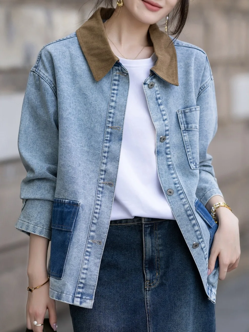 

Повседневная женская джинсовая куртка свободного кроя ort Sve с длинным воротником-стойкой на пуговицах в стиле пэчворк Faion Верхняя одежда Топ