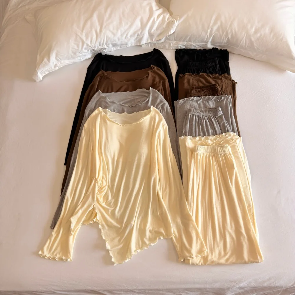 Women's Nightwear Autumn Thin Sleepwear Lady Long-sleeved TrousersTwo-piece Solid Color Chest Pad Pajamas Women Home Clothes
