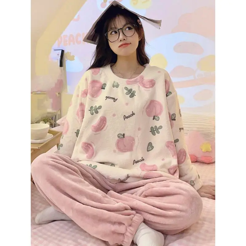Women's warm long sleeved long pants pajama set girls autumn winter new style cardigan Chinese style home clothes two-piece set