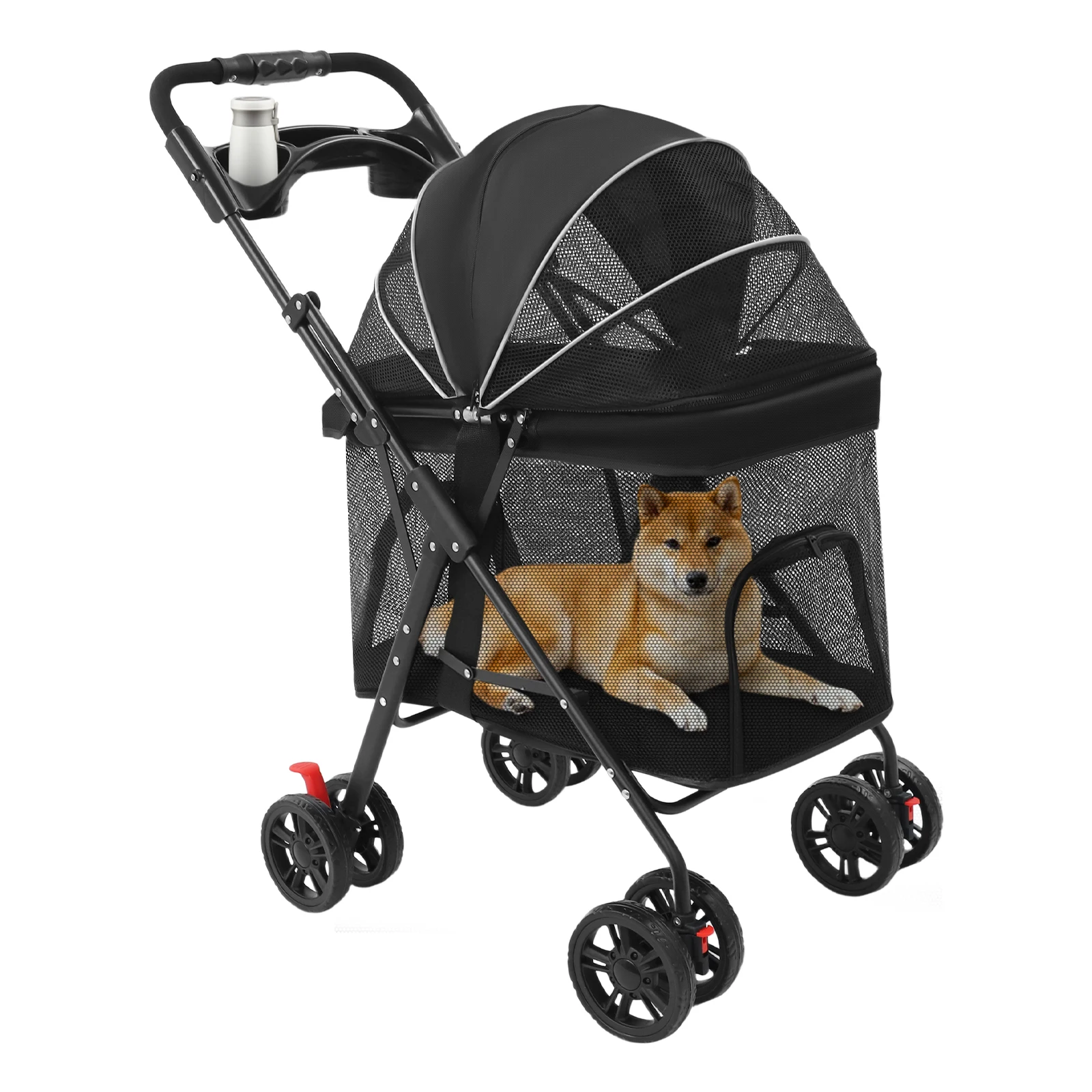 Haustierkinderwagen, faltbarer Kinderwagen für Hunde und Katzen, Haustierwagen mit Rollen, erhöhtes Netz für Reisen, Spazierengehen, Schwarz/Grau