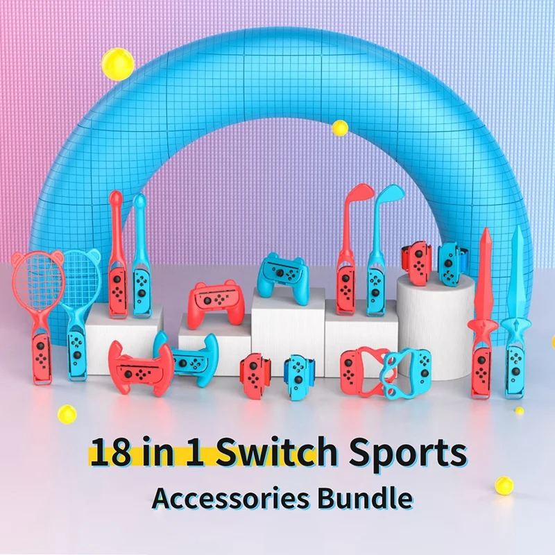 18 In 1 Accessories Kit For Nintendo Switch Sports Games, Tennis Rackets, Grips Golf Clubs, Wristbands Leg Strap