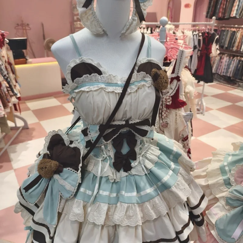 Kawaii Lolita Dresses Princess Cosplay Costume, Sweet French Lace Ruffle Cake, Skirt Blue Pink Party, Wedding Stage Outfit Women
