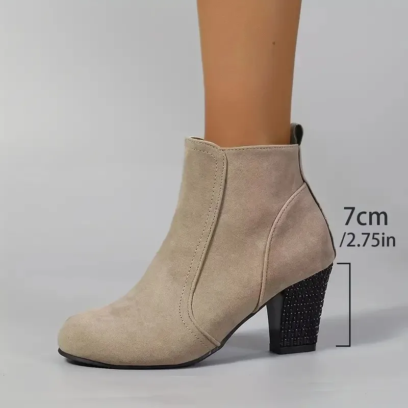 Black High Heels Ankle Boots for Women Autumn Side Zip Khaki Short Botas Mujer Fashion Thick Heeled Booties